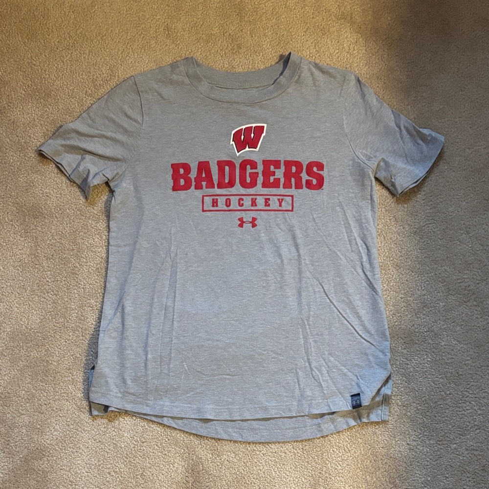 Under Armour Gray and Red Badgers Hockey Tee